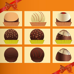 Vector image of a set of chocolate, truffle candy on a banner with ribbons and bows