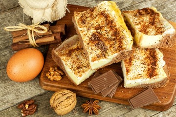 Fototapeta premium Homemade cakes with cocoa and pudding. Unhealthy sweet food. Sweet breakfast.