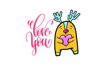 love you - positive hand lettering poster with doodle drawings