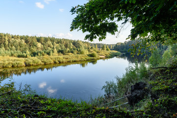 high water level in river Gauja, near Valmiera city in Latvia. summer trees surrounding