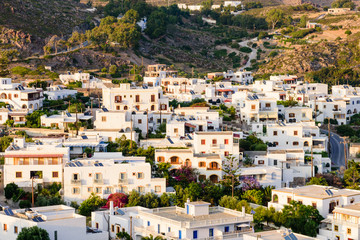 Beautiful aerial view of Skala village with traditional white buildings, Patmos island, Dodecanese, Greece