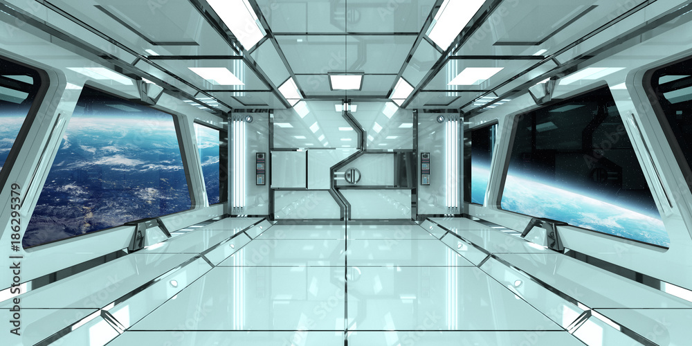 Poster Spaceship interior with view on Earth 3D rendering elements of this image furnished by NASA