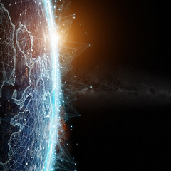 Connections system and datas exchanges on planet Earth 3D rendering