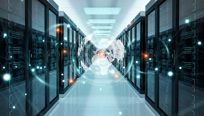 Earth network flying over server room data center 3D rendering