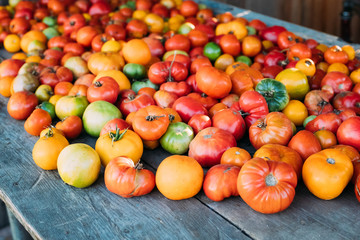 Colorful Organic Tomatoes On Local Farmers Grocery Market 