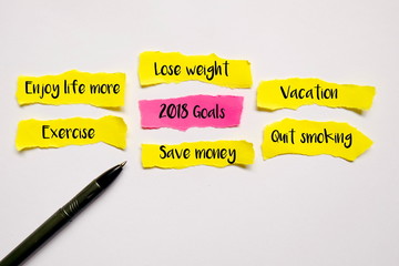 Top view of piece of sheet of pink and yellow paper with words 2018 goals,save money,quit smoking,lose weight,exercise,vacation and enjoy life more on a white background.