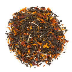 Organic Tagetes or Marigold green tea. Isolated on white background. Macro closeup. Top view.