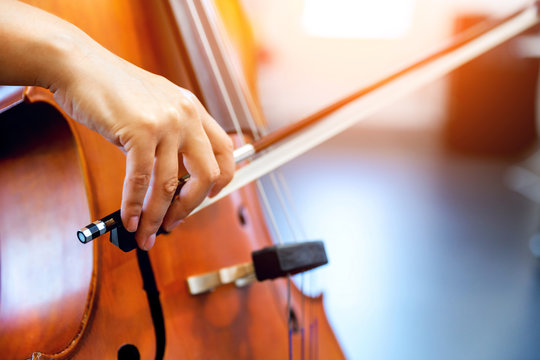 Close up of cello with bow in hands