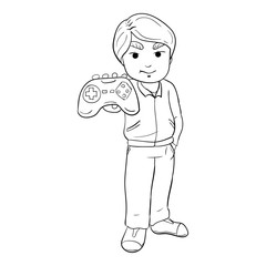 vector illustration male gamer hold wireless game controller line art