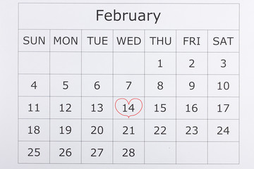 Calendar holiday February 14th Valentine's day is highlighted in red