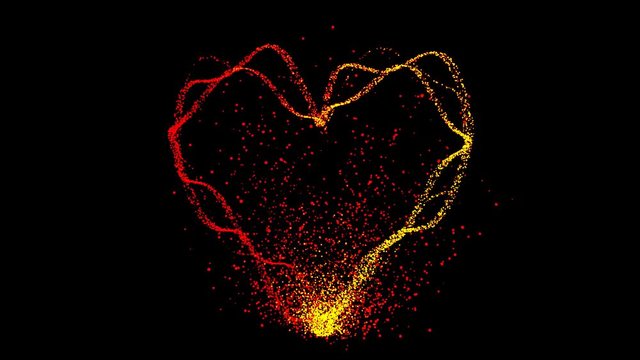 Particles fly and make a shape of a heart on black background