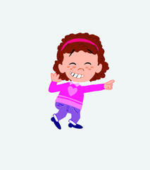 White girl with sweater pointing to something funny on his left.