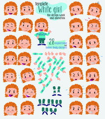 White girl with sweater. Twenty eight expressions and basics body elements, template for design work and animation. Vector illustration to Isolated and funny cartoon character.