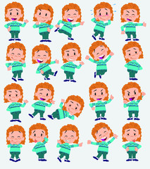 Cartoon character girl with sweater. Set with different postures, attitudes and poses, always in positive attitude, doing different activities in vector vector illustrations.