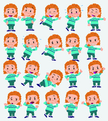 Cartoon character white girl with sweater. Set with different postures, attitudes and poses, doing different activities in isolated vector illustrations.