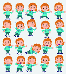 Cartoon character white girl with sweater. Set with different postures, attitudes and poses, doing different activities in isolated vector illustrations.