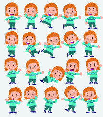 Cartoon character white girl with sweater. Set with different postures, attitudes and poses, doing different activities in isolated vector illustrations.