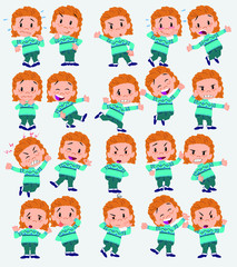 Cartoon character white girl with sweater. Set with different postures, attitudes and poses, doing different activities in isolated vector illustrations.