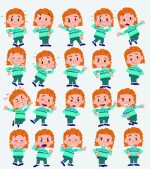 Cartoon character white girl with sweater. Set with different postures, attitudes and poses, doing different activities in isolated vector illustrations.