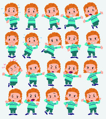Cartoon character girl with sweater. Set with different postures, attitudes and poses, always in negative attitude, doing different activities in vector vector illustrations.