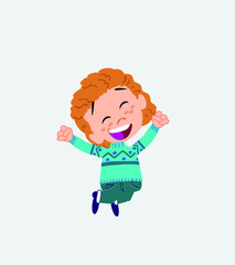 White girl with sweater jumping for joy.