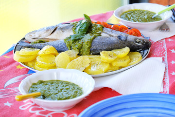european sea bass branzino steaming potatoes tomatoes basil sauce recipe