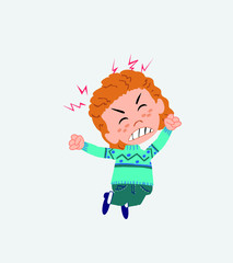 White girl with sweater jumps angry.