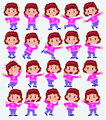 Cartoon character girl with sweater. Set with different postures, attitudes and poses, always in negative attitude, doing different activities in vector vector illustrations.