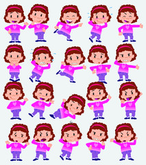 Cartoon character white girl with sweater. Set with different postures, attitudes and poses, doing different activities in isolated vector illustrations.