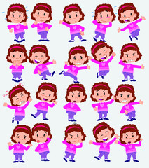 Cartoon character white girl with sweater. Set with different postures, attitudes and poses, doing different activities in isolated vector illustrations.