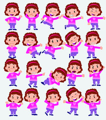 Cartoon character white girl with sweater. Set with different postures, attitudes and poses, doing different activities in isolated vector illustrations.
