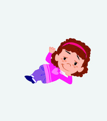 White girl with sweater lying, greets with a dreamy expression.