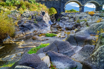 Alcantara Gorge and Alcantara river park in Sicily Island, Italy