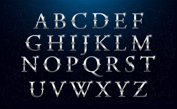 Set of Elegant silver Colored Metal Chrome alphabet font. Typography classic style silver font set for logo, Poster, Invitation. vector illustrator