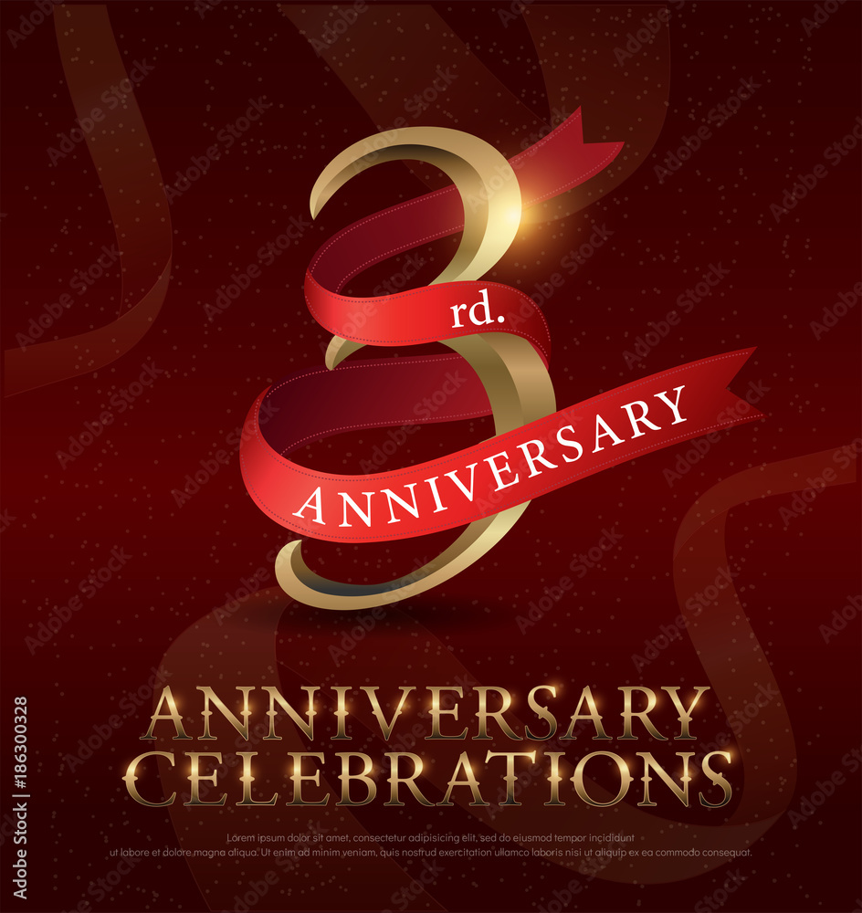 Wall mural 3rd year anniversary celebration golden logo with red ribbon on red background. vector illustrator