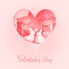 3d abstract paper cut illustration of pink heart shape with rabbit couple in the forest. Vector colorful greeting card