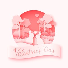 3d abstract paper cut illustration of pink circle shape with rabbit couple in the forest. Vector colorful greeting card