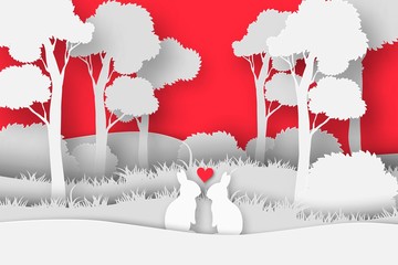 3d abstract paper cut illustration of rectangle shape with rabbit couple in the forest. Vector colorful greeting card
