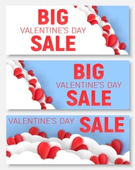 Valentine's day big sale offer, banner template. Red paper art heart with lettering.