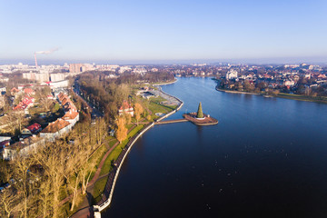 Aerial: The Christmas tree on Upper Lake in Kaliningrad, Russia