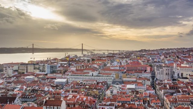 S&atilde;o Jorge Castle Day to Night Sunset Timelapse Video of Lisbon Portugal