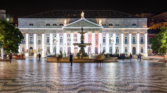 Lisbon National Theatre, Rossio Square, Pedro IV Square, Night Timelapse Video