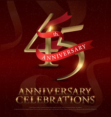 45th years anniversary celebration golden logo with red ribbon on red background. vector illustrator