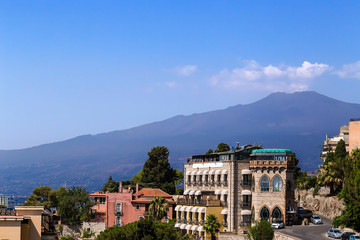 Fototapeta na wymiar Taormina, Sicily. City in the background of the volcano Etna