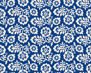 Seamless indigo woodblock printed floral pattern. Vector ethnic ornament, traditional Russian motif with blossoms, ecru on navy blue background. Textile print. - 186302135