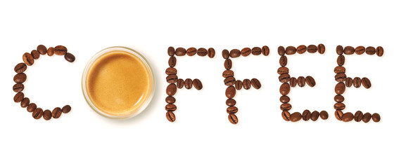 Top view of word coffee made from coffee beans and glass cup of hot coffee, white background