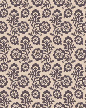 Seamless woodblock printed floral pattern. Vector ethnic ornament, traditional Russian motif with blossoms, taupe on ecru background. Textile print.
