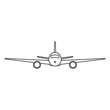 Black outline isolated airplane on white background. Line front view of aeroplane.