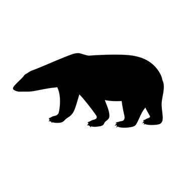 Black isolated silhouette of polar bear on white background. Side view.