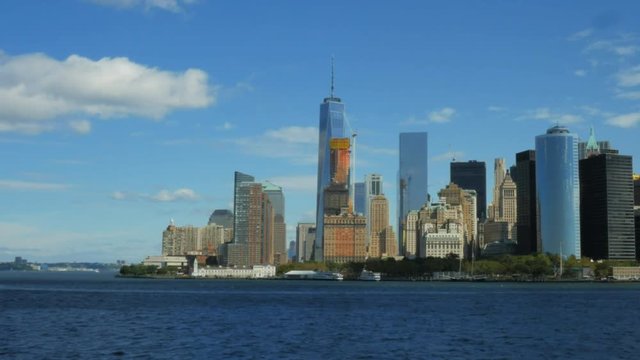 the view of the skyline of lower manhatten in new york from the staten island ferry
